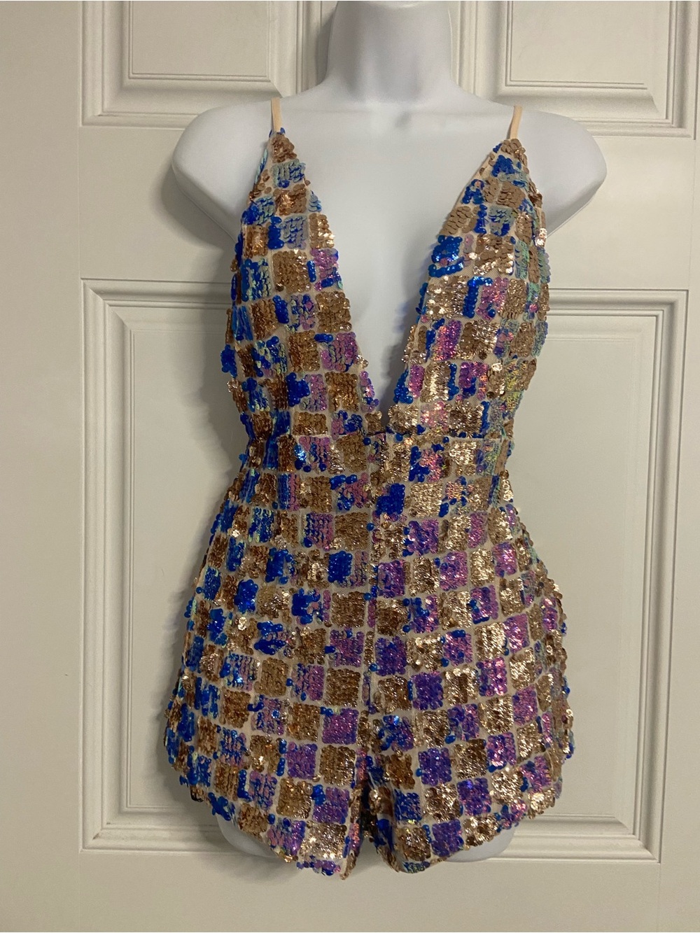 FOREVER 21 MultiColored DISCO PARTY Iridescent Sequined Spaghetti Romper Short
